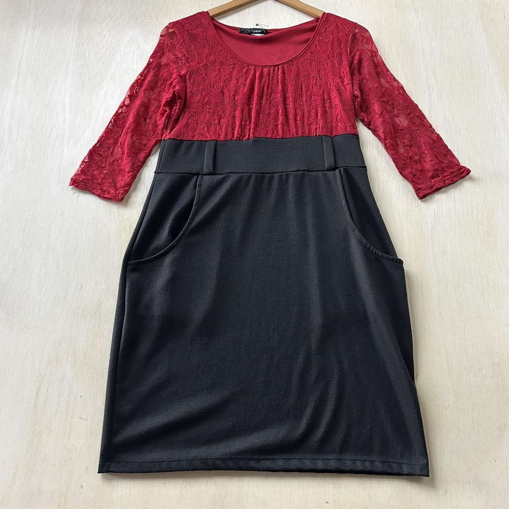Vintage Hypnotic Dress Womens Med Black Lace Color Block Sheath 3/4 Sleeve Mini